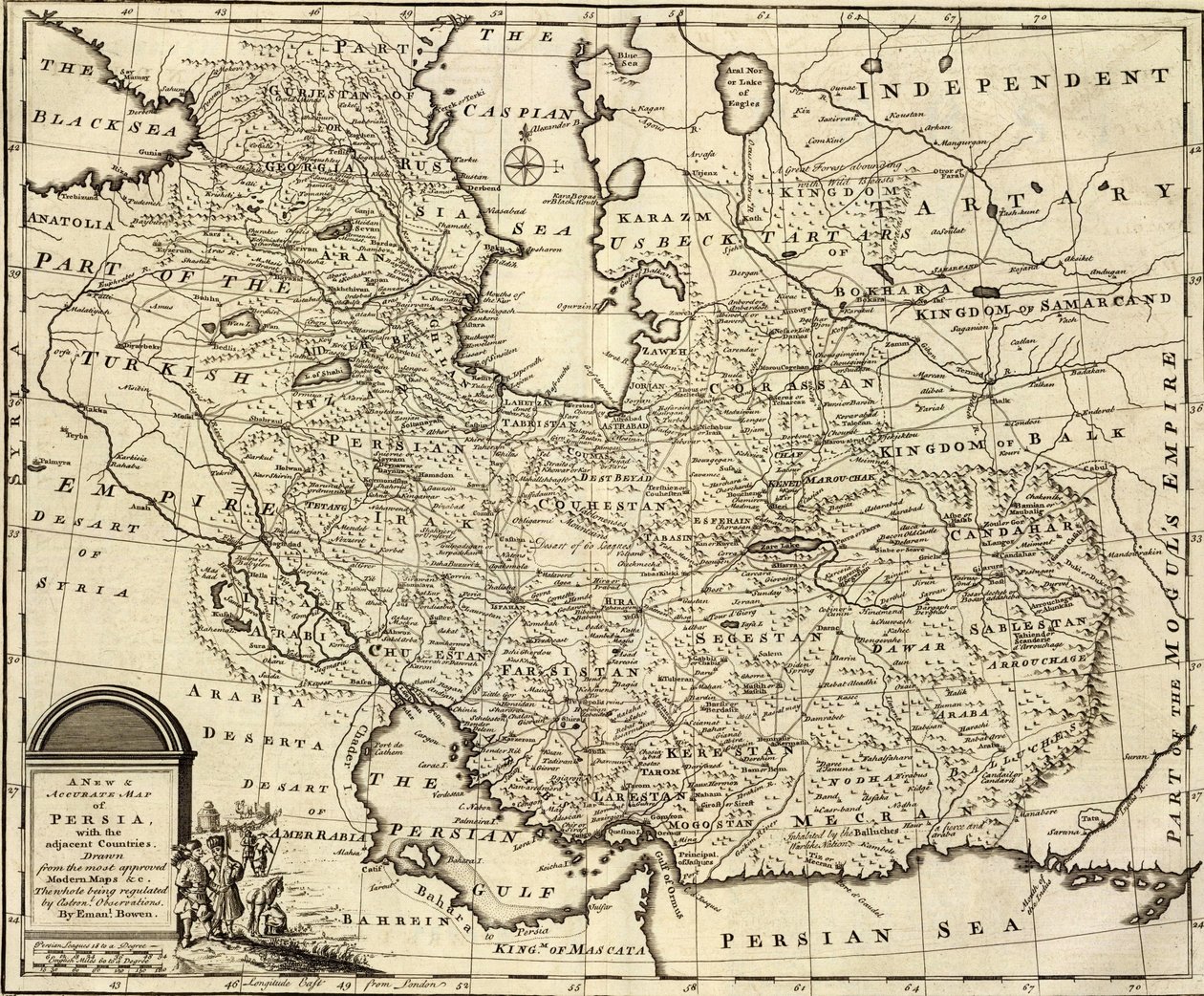 Nowa i dokładna mapa Persji z sąsiednimi krajami. autorstwa Emanuel Bowen