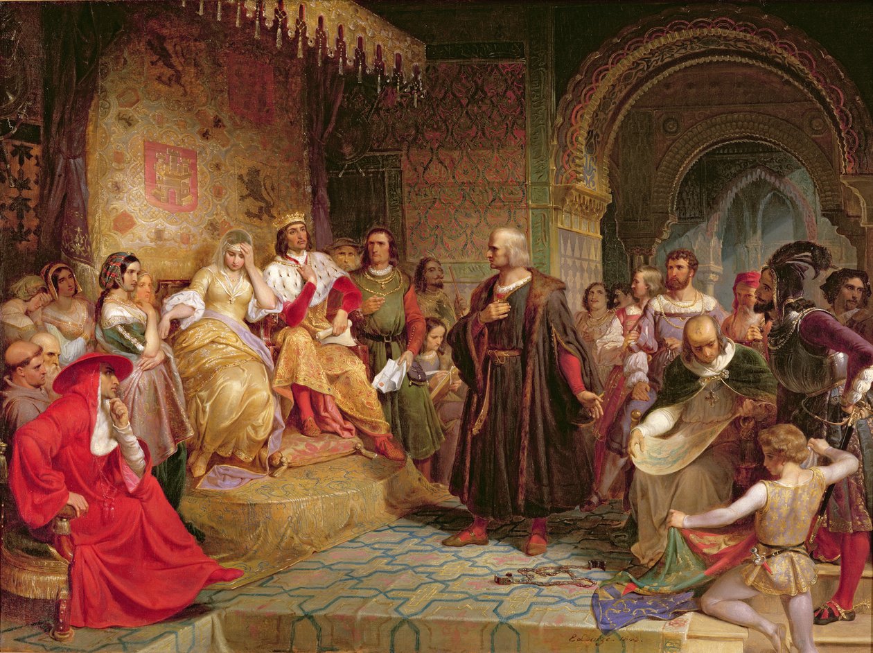 Kolumb przed królową, 1843 autorstwa Emanuel Gottlieb Leutze
