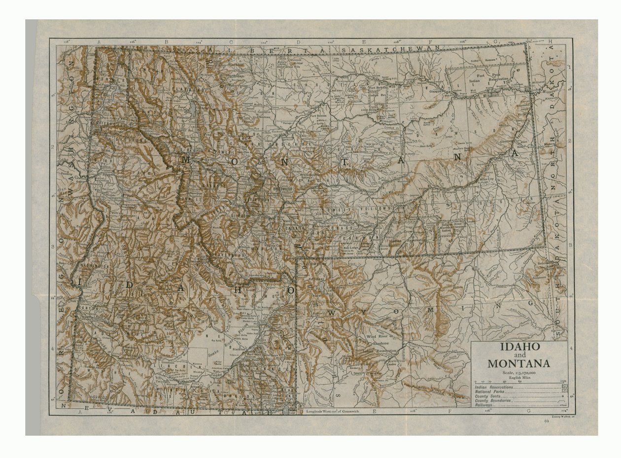 Mapa Idaho i Montany, USA, c1910. autorstwa Emery Walker