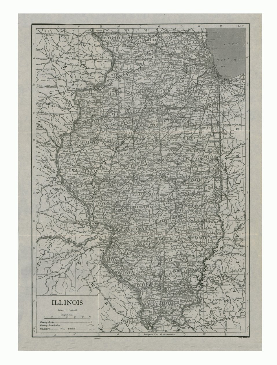 Mapa stanu Illinois, USA, ok. 1910 r. autorstwa Emery Walker
