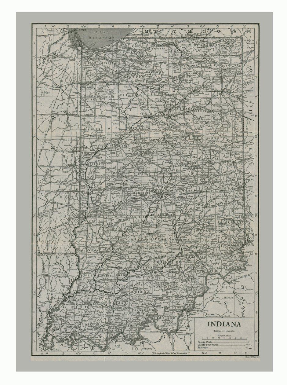 Mapa stanu Indiana, USA, ok. 1900 autorstwa Emery Walker