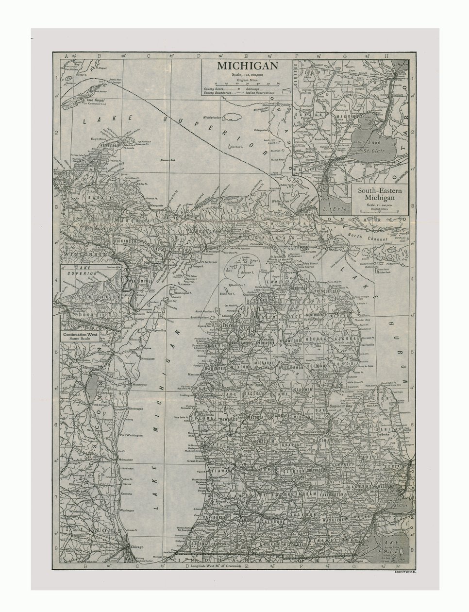 Mapa stanu Michigan, USA, ok. 1900 r. autorstwa Emery Walker