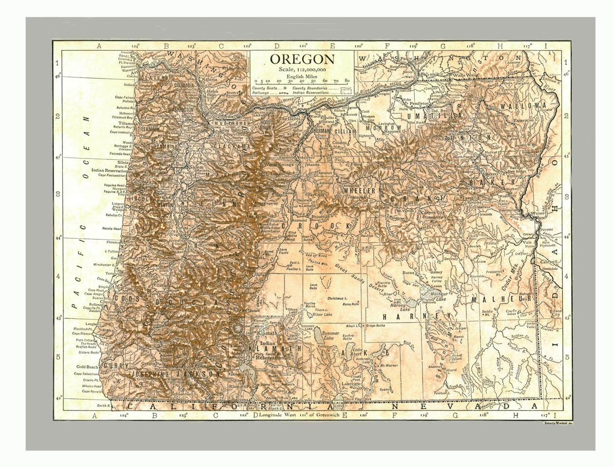 Mapa Oregonu, ok. 1910 r. autorstwa Emery Walker