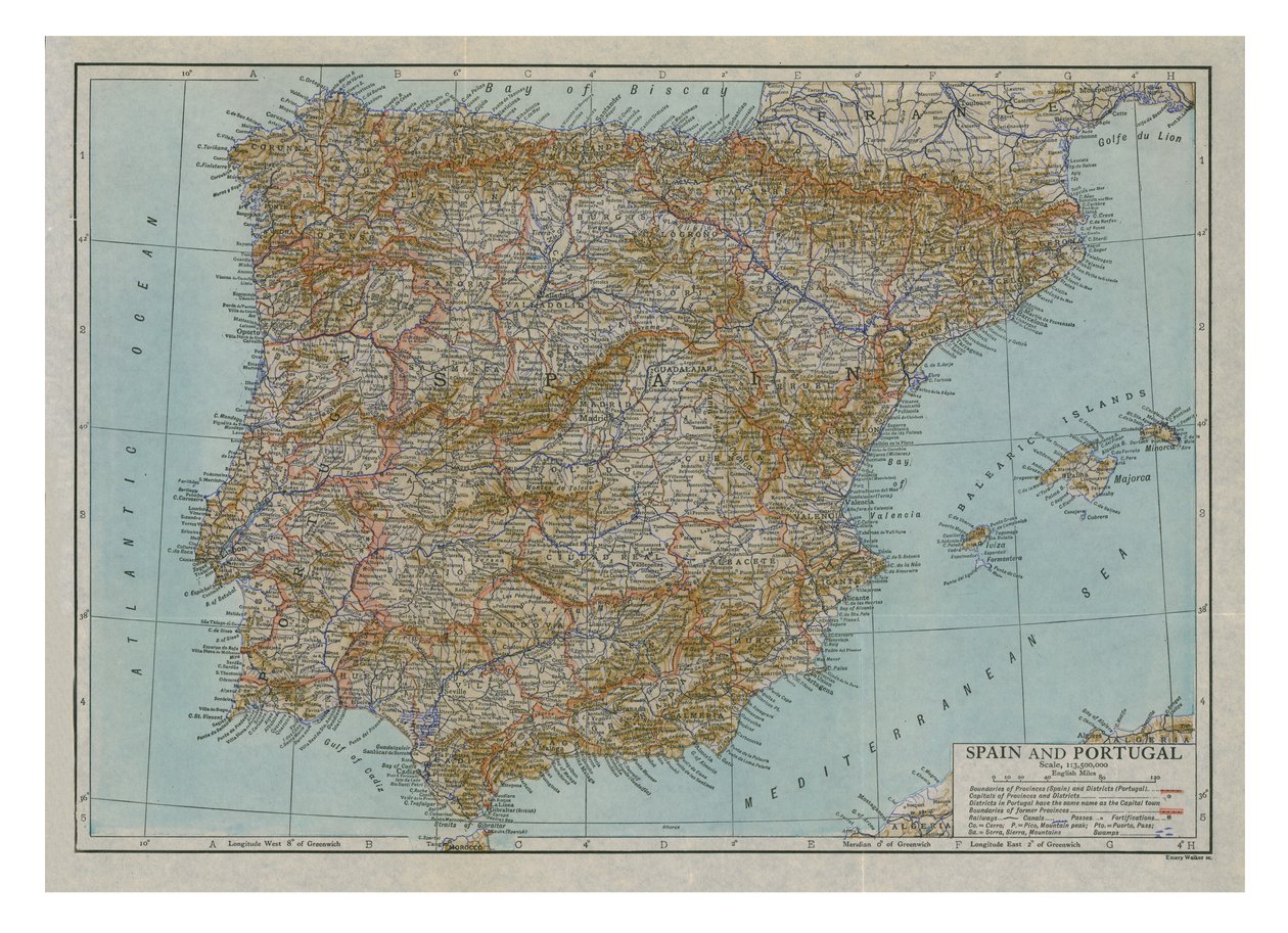 Mapa Hiszpanii i Portugalii, c1910. autorstwa Emery Walker