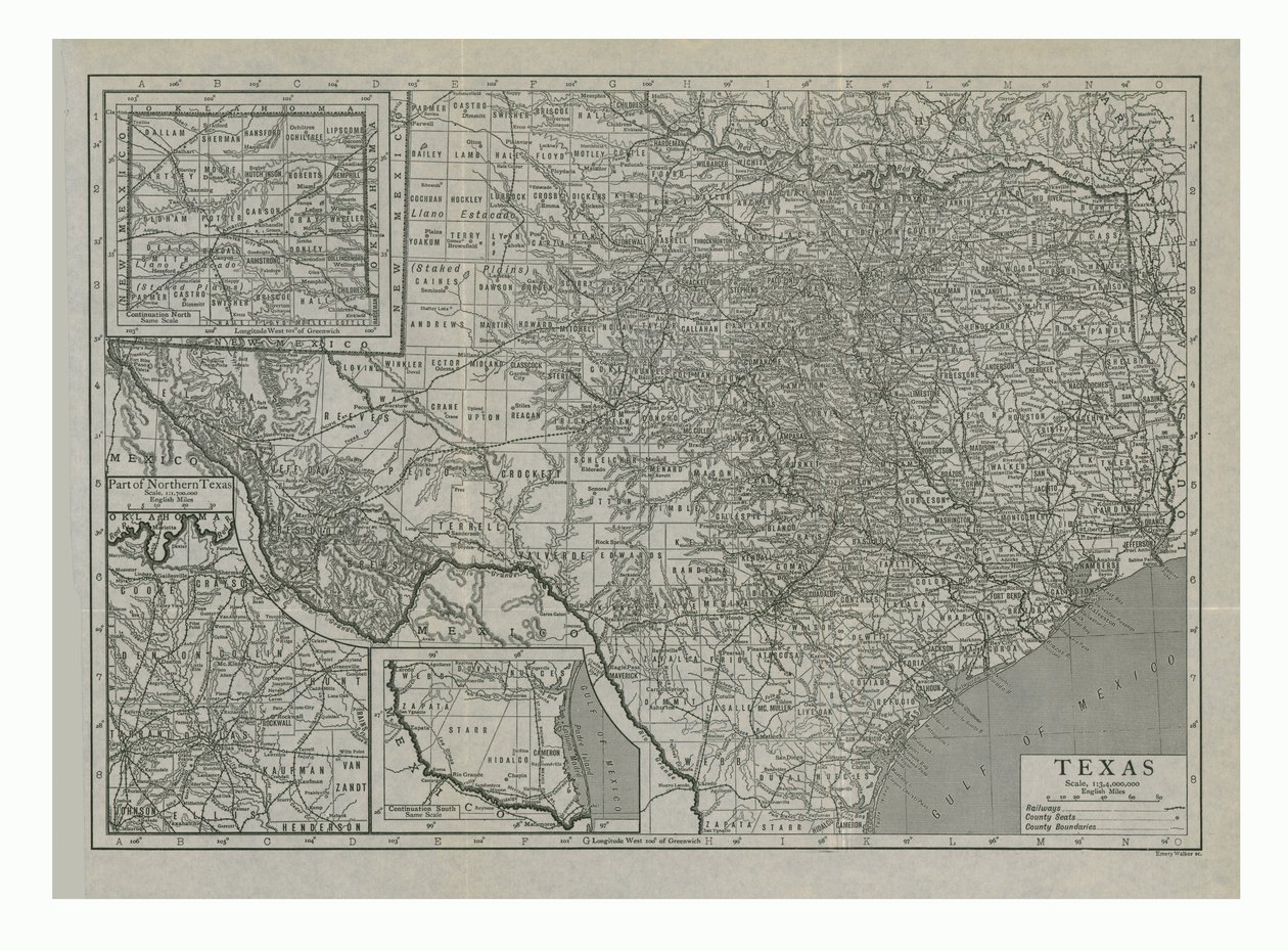 Mapa Teksasu, USA, c1910. autorstwa Emery Walker