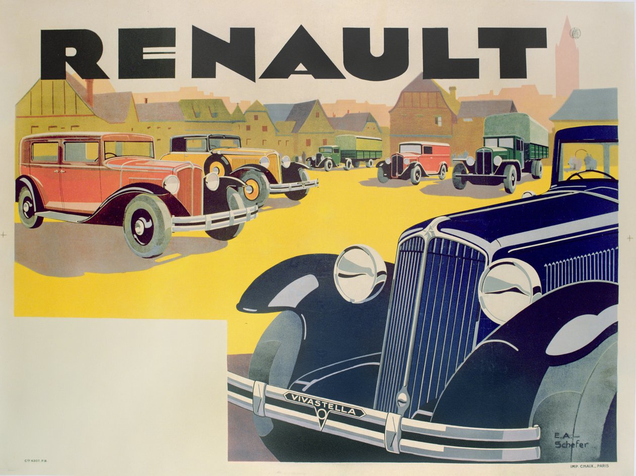 Reklama samochodów Renault, ok. 1920 r. autorstwa Emile Andre Schefer