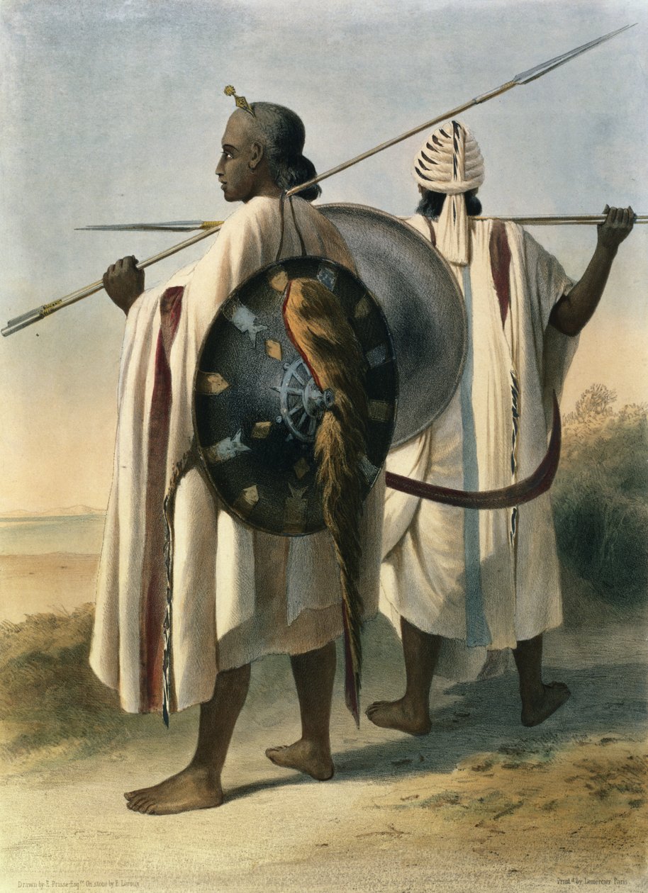 Abisyńscy wojownicy, ilustracja z „Doliny Nilu”, sztychowana przez Eugene Le Roux (1807-63) wyd. przez Lemercier, 1848 autorstwa Emile Prisse d