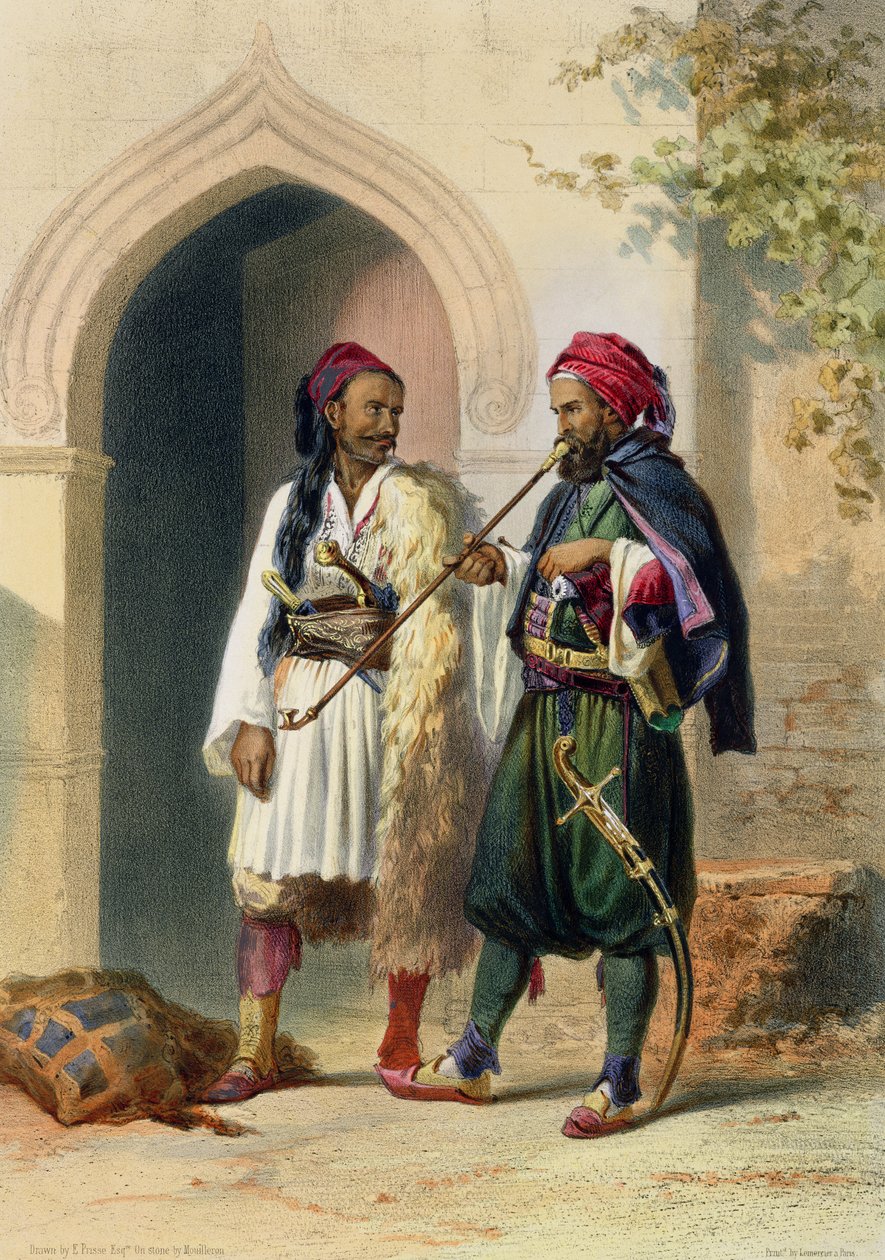 Żołnierze Arnaouta i Osmanli w Aleksandrii, ilustracja z „Doliny Nilu”, sztych. Mouilleron, wyd. przez Lemercier, 1848 autorstwa Emile Prisse d