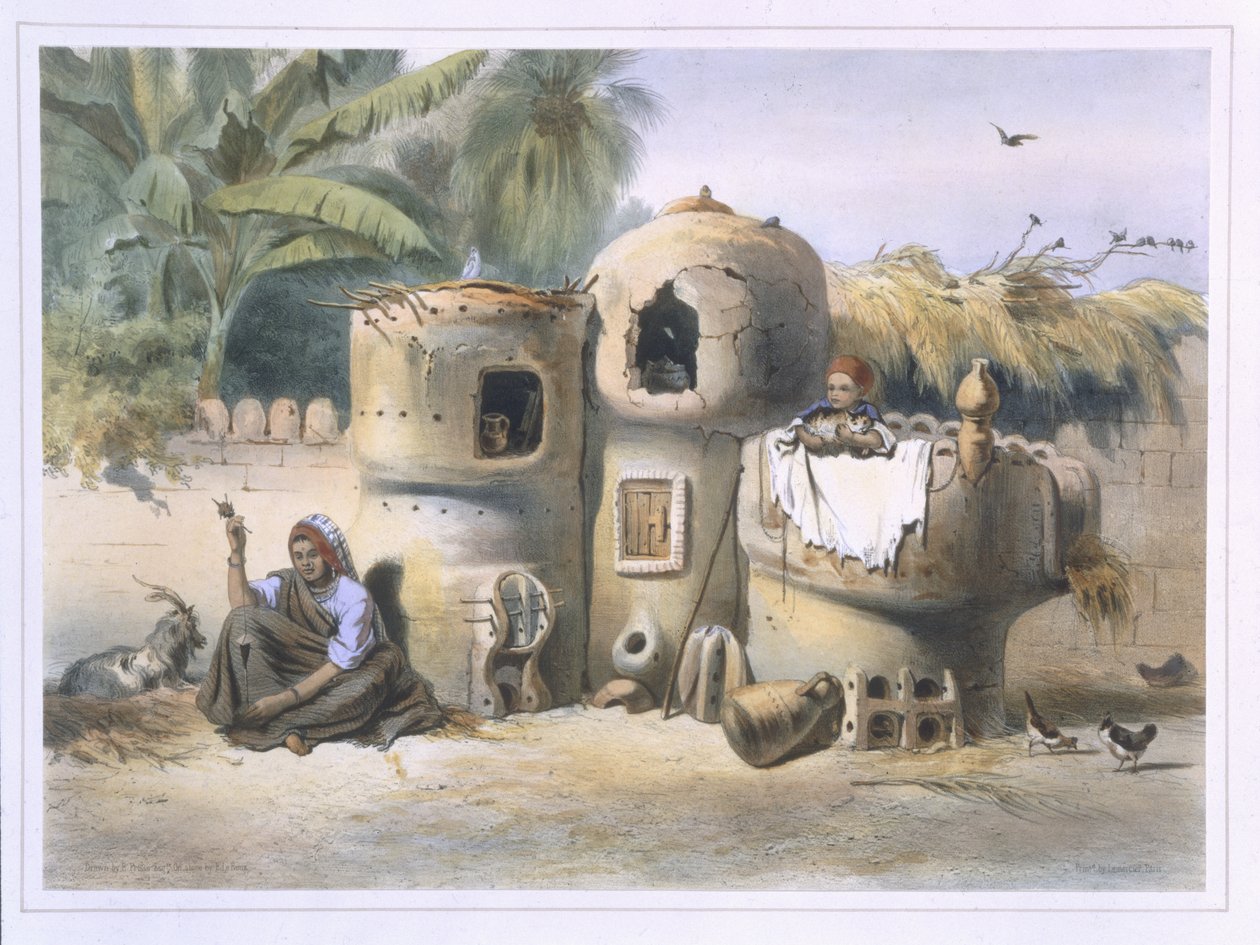 Mieszkania chłopskie w Górnym Egipcie, ilustracja z „Doliny Nilu”, ryt. wyd. Eugene Le Roux (1807–63). przez Lemercier, 1848 autorstwa Emile Prisse d