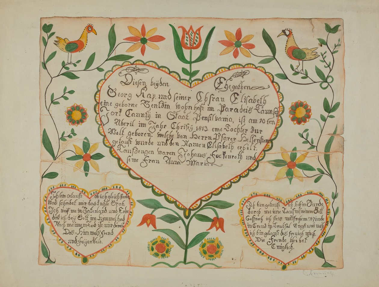 Fraktur - Akt urodzenia i chrztu autorstwa Emma M. Krumrine