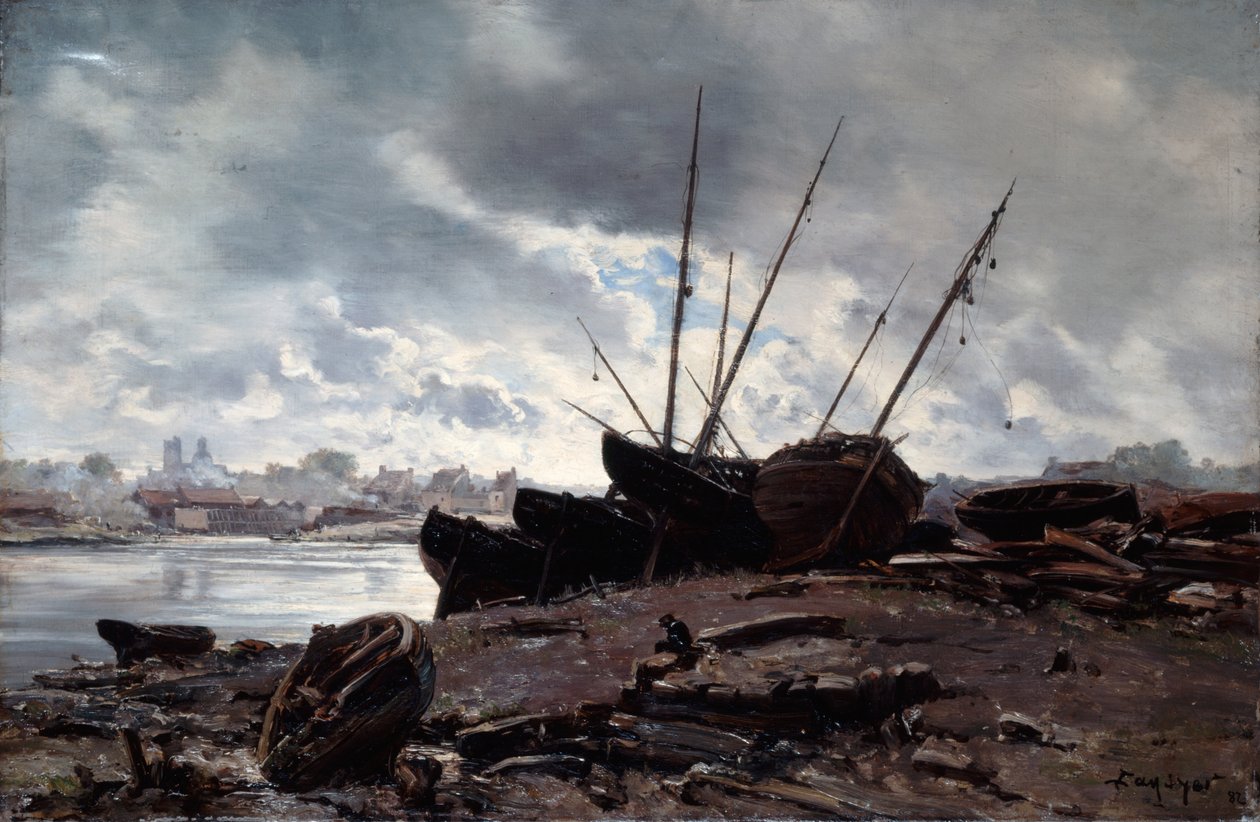 Łodzie czekające na przypływ, 1882. autorstwa Emmanuel Lansyer