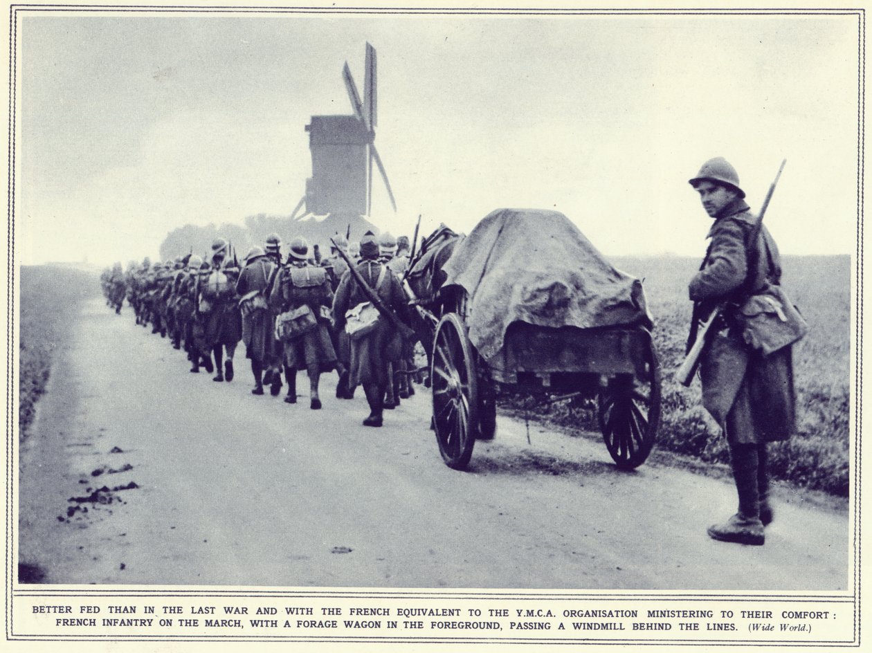 Piechota francuska w marszu z wozem paszowym na pierwszym planie, z The Illustrated War News, wyd. 22 listopada 1939 autorstwa English Photographer