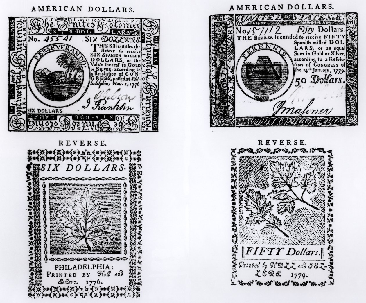 Kolonialny banknot sześciodolarowy z 1776 r. i amerykański banknot pięćdziesięciodolarowy z 1779 r. autorstwa English School