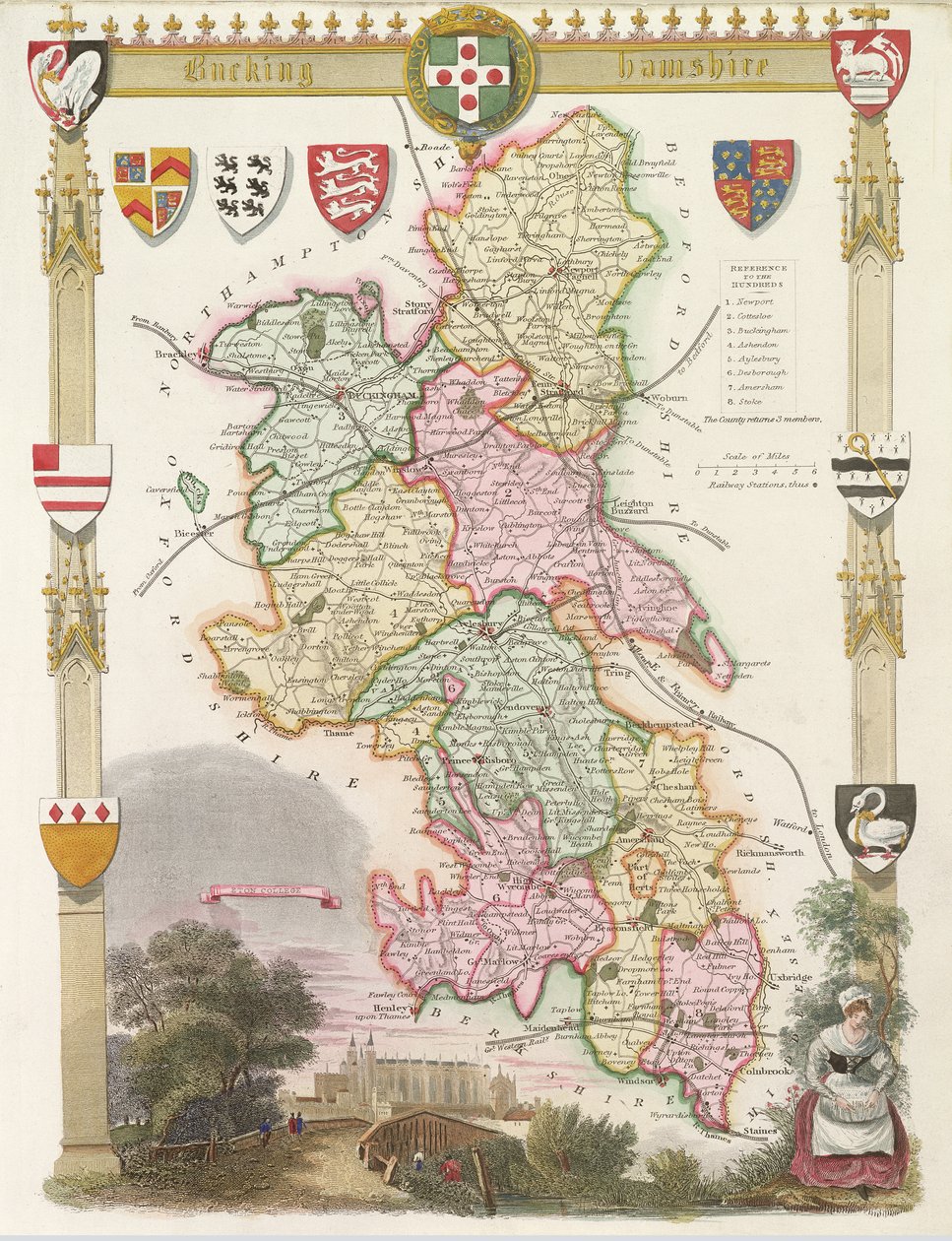 Buckinghamshire z ilustracjami kaplicy Eton College (ręcznie kolorowane grawerowanie) autorstwa English School