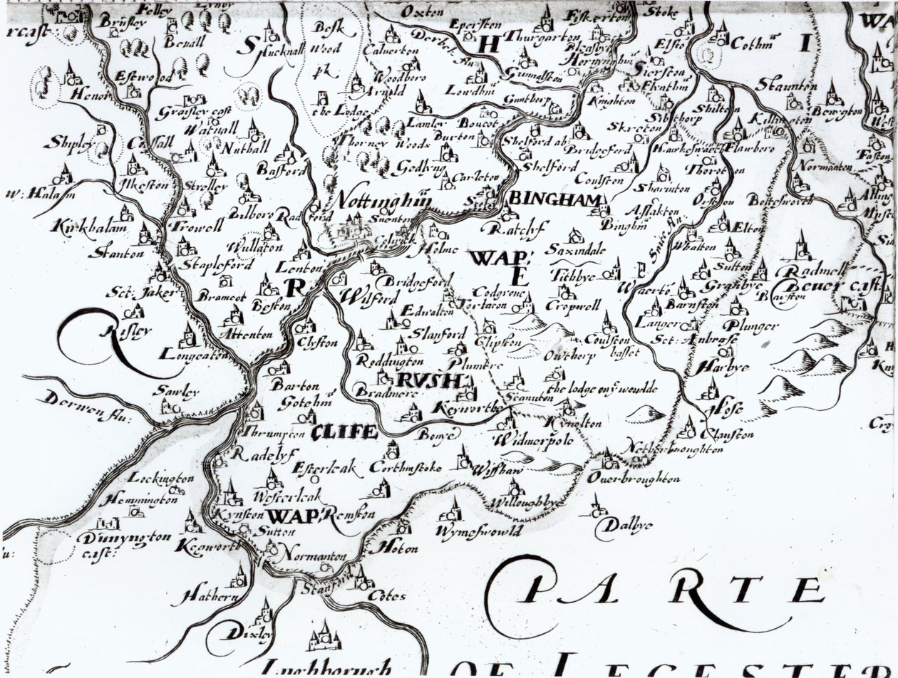 Fragment mapy hrabstwa Nottinghamshire przedstawiającej miasto Nottingham, 1642 r autorstwa English School