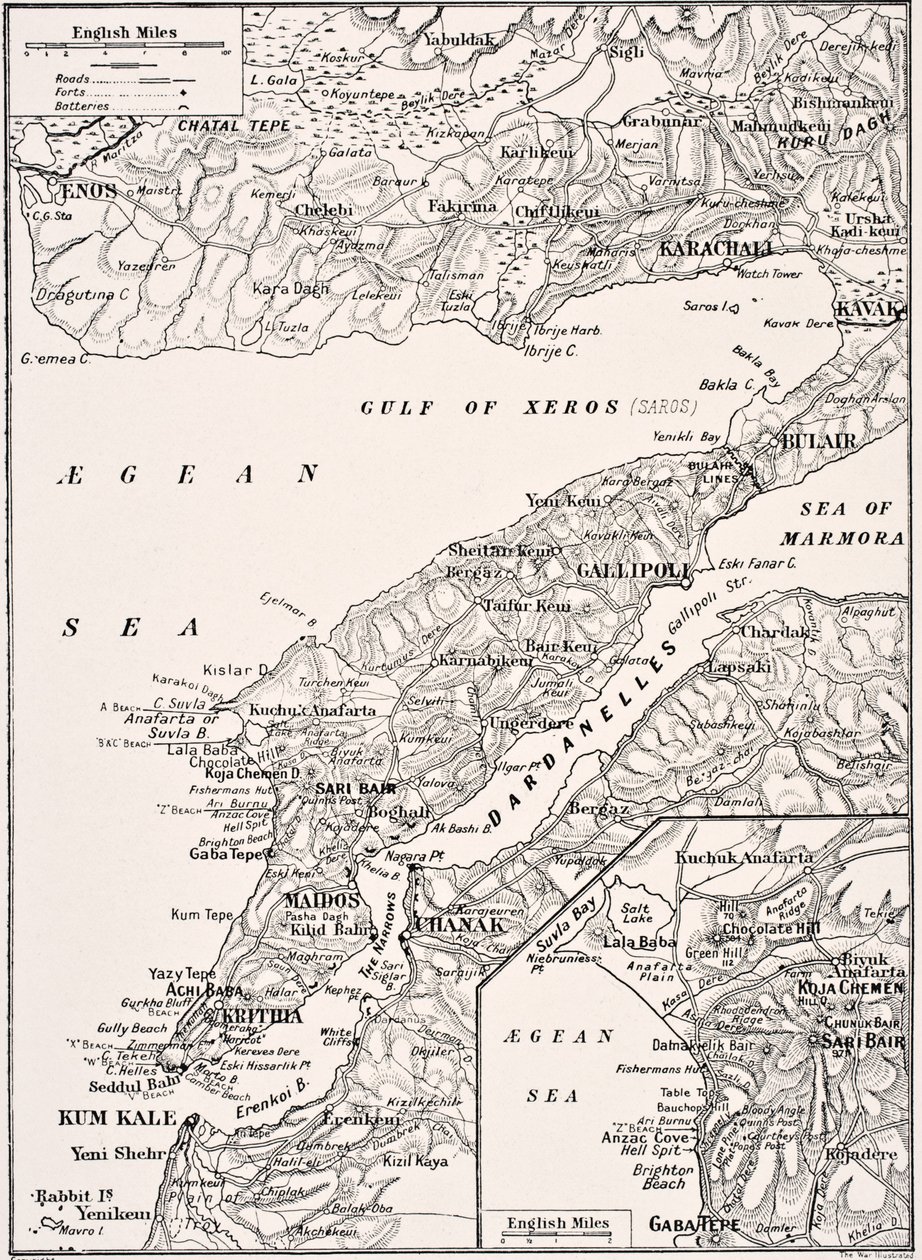 Szczegółowa mapa Półwyspu Gallipoli i Dardaneli w Turcji, 1915, z "The War Illustrated Album deLuxe", wydana w Londynie w 1916 r. autorstwa English School