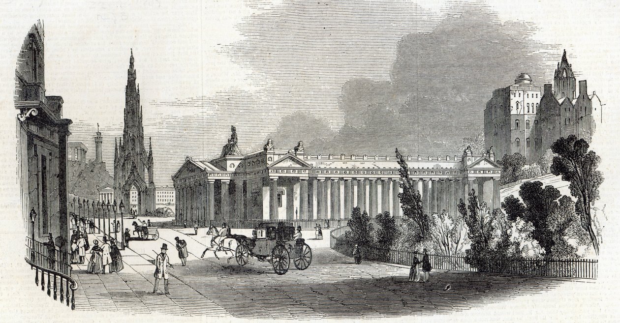 Edynburg: Royal Institution i Scott Monument, z „The Illustrated London News”, 22 lutego 1845 r. autorstwa English School