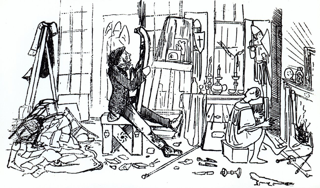 Edward Burne-Jones przy pracy w swojej pracowni przy 17 Red Lion Square, Londyn, ok. 1857 (pióro i atrament) (druk czarno-biały) autorstwa English School