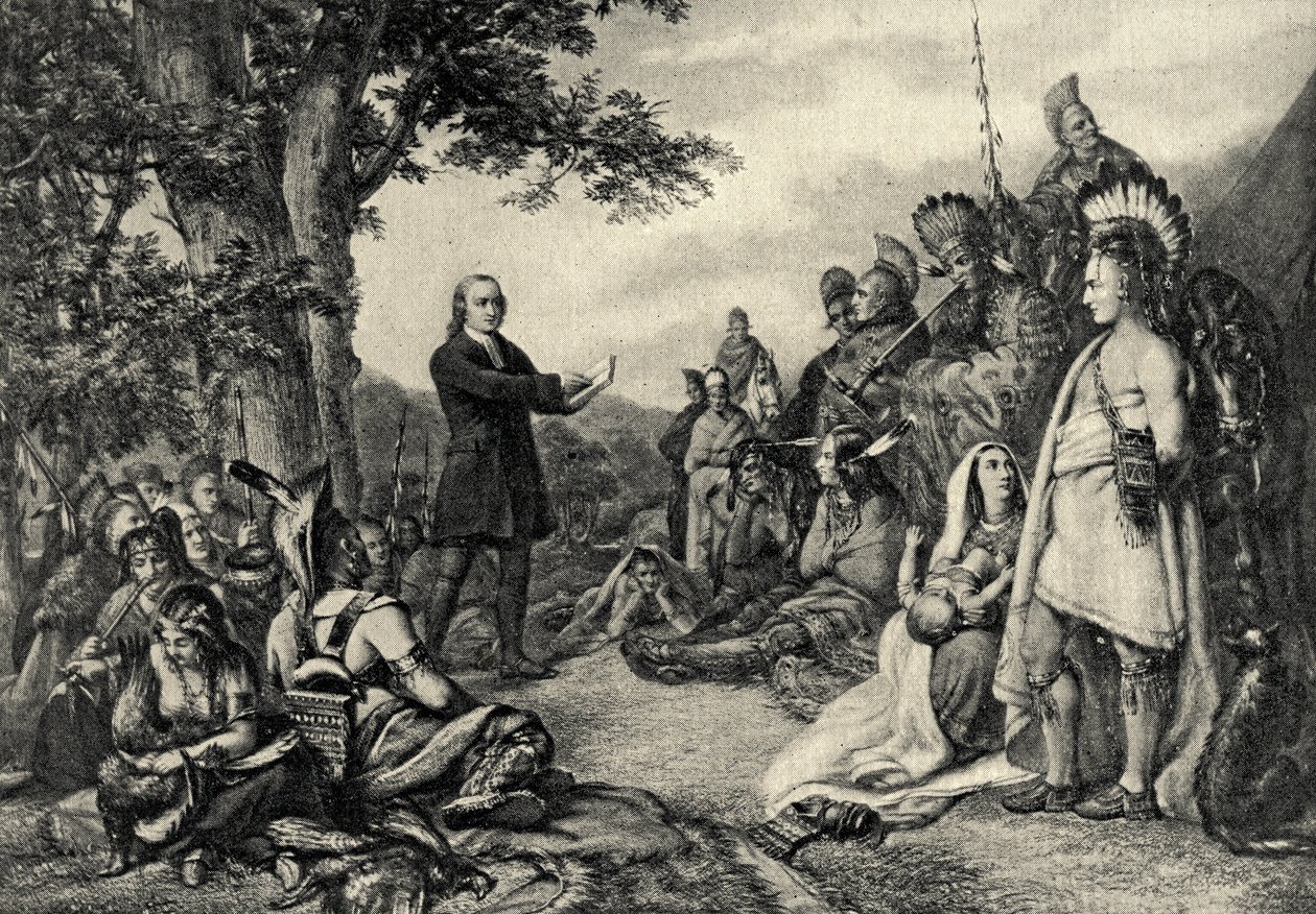 John Wesley nauczający Indian w Gruzji w 1736 r. autorstwa English School
