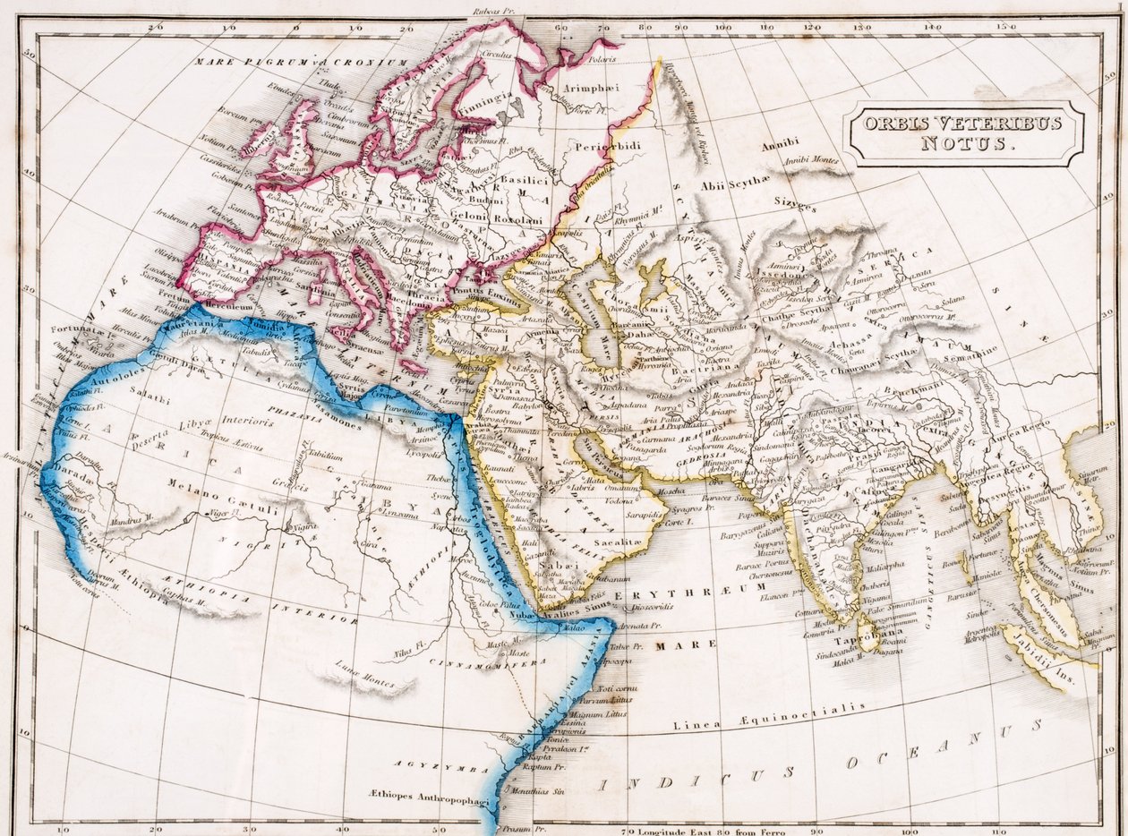 Mapa Europy Afryka Północna i Azja Zachodnia, Orbis Veteribus Notus, z „Atlasu geografii starożytnej” Samuela Butlera, wydanej w Londynie ok. 1829 r. autorstwa English School