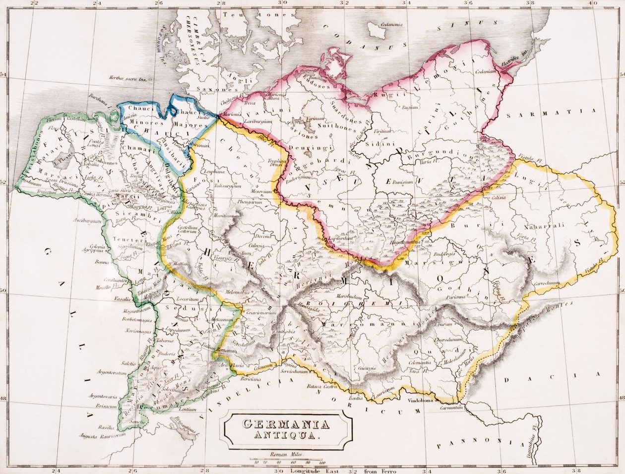 Mapa Niemiec, Germania Antiqua, z „Atlasu geografii starożytnej”, Samuela Butlera, opublikowana w Londynie, ok. 1829 autorstwa English School