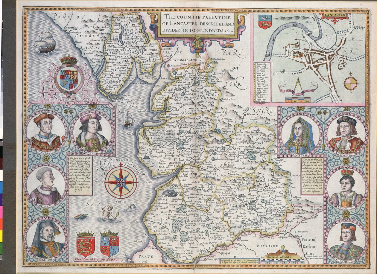 Mapa Lancaster podzielona na setki, 1610 (kolorowe grawerowanie) autorstwa English School