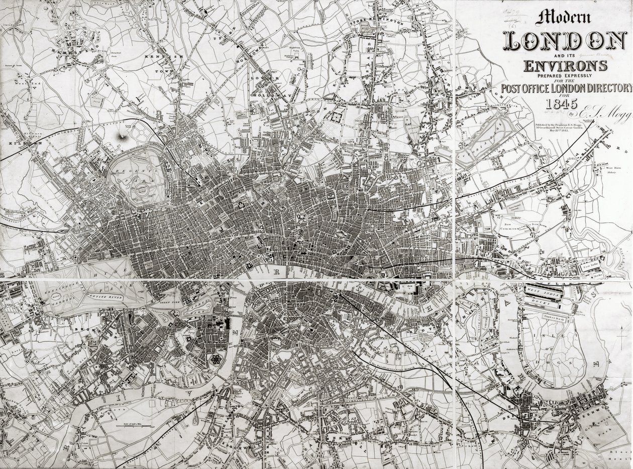 Mapa współczesnego Londynu i okolic, 1845 autorstwa English School