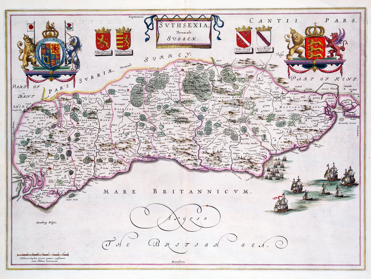Mapa Sussex (ręcznie kolorowe grawerowanie) autorstwa English School