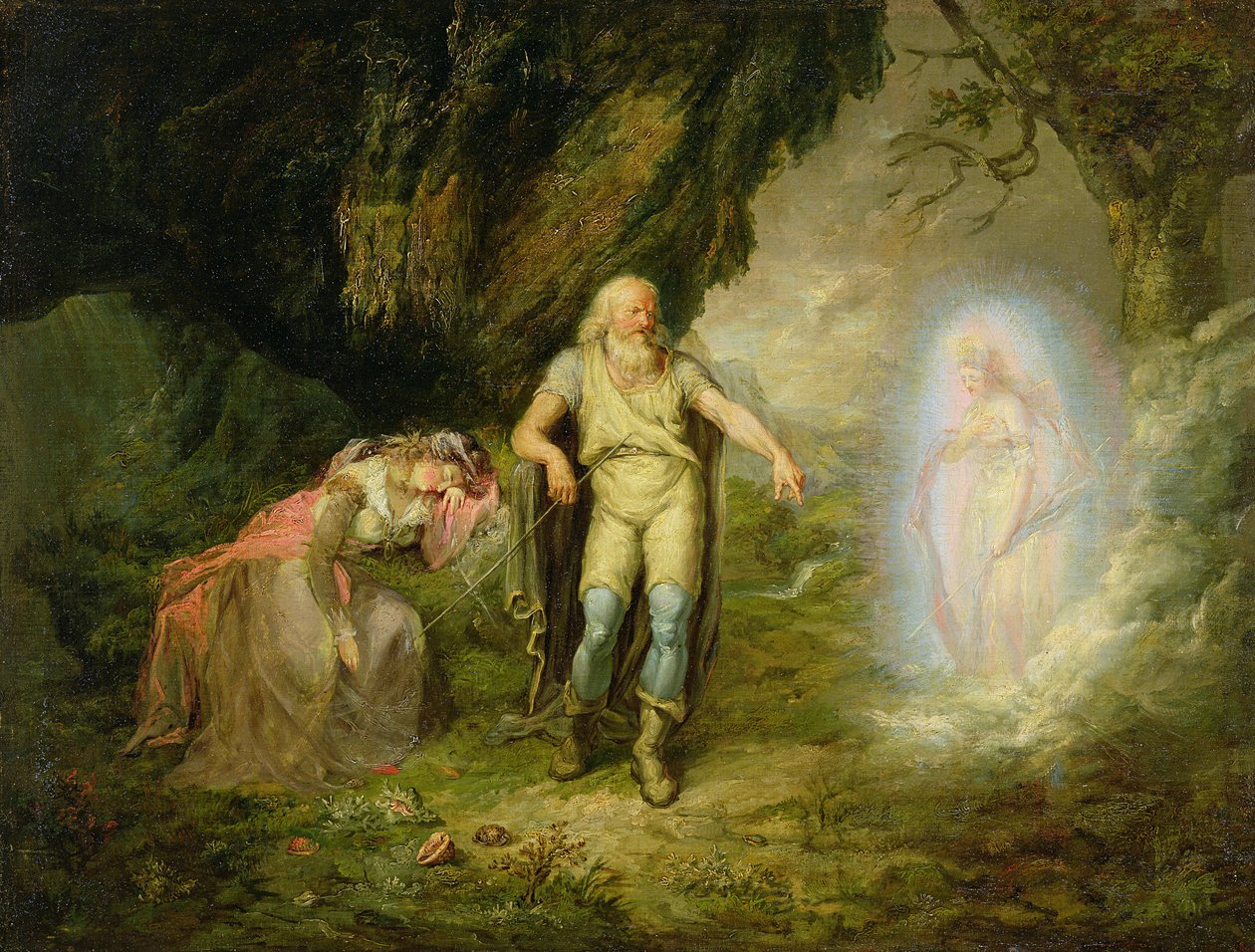 Miranda, Prospero i Ariel, z „Burzy” Williama Szekspira, ok. 1780 autorstwa English School