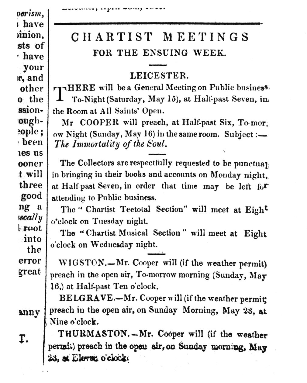 Zawiadomienia o spotkaniach czartystów w „Iluminatorze hrabstw Midland”, 15 maja 1841 r autorstwa English School