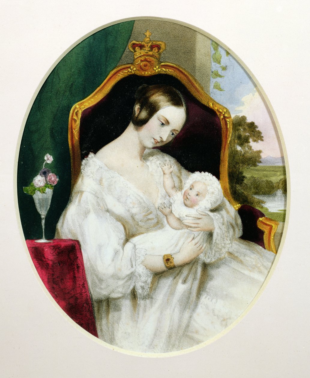 Królowa Wiktoria (1819-1901) z księżniczką Royal (1840-1901) jako dziecko (wc na papierze) autorstwa English School