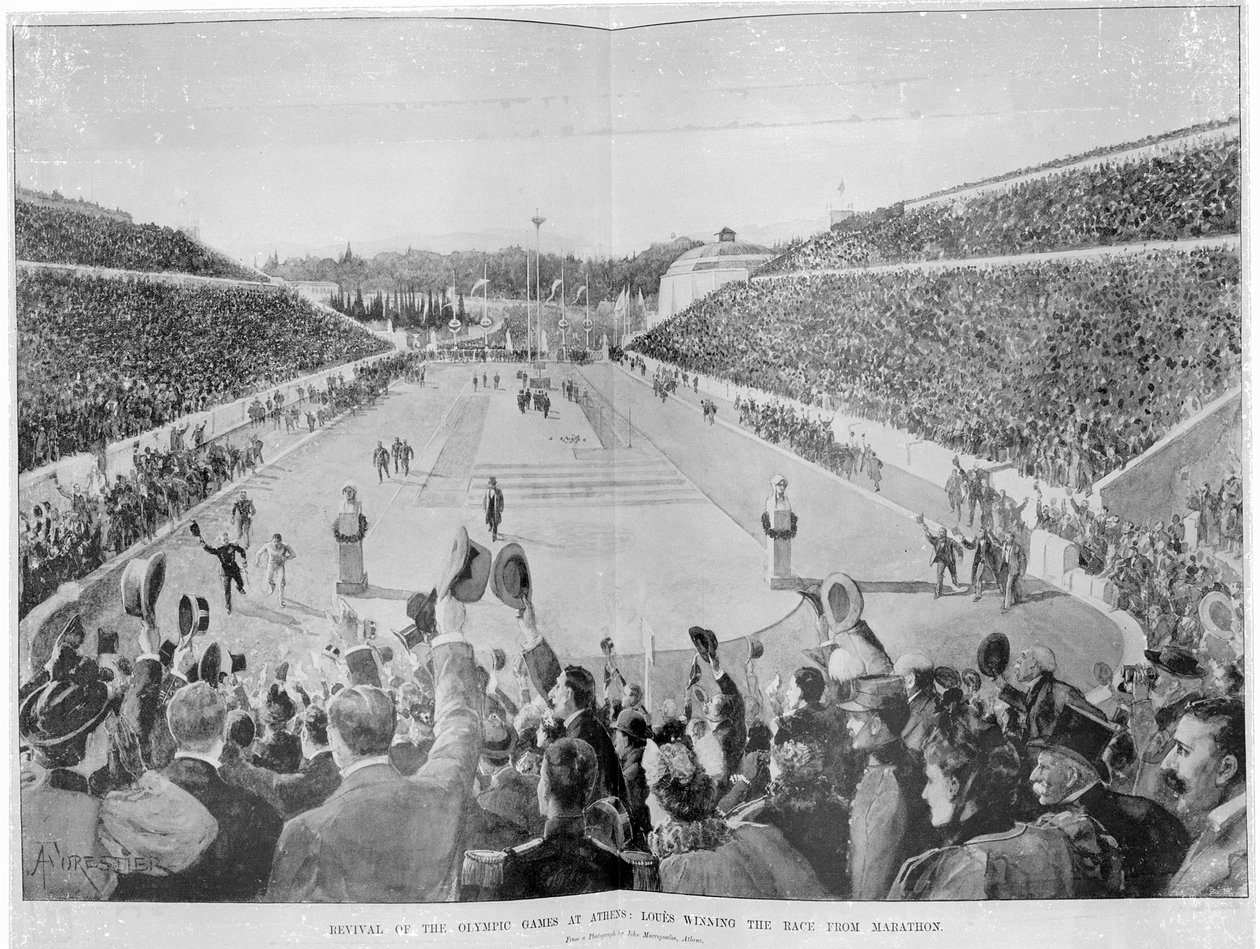 Odrodzenie Igrzysk Olimpijskich w Atenach: Loues wygrywa wyścig z Maratonu, 10 kwietnia 1896 r. autorstwa English School