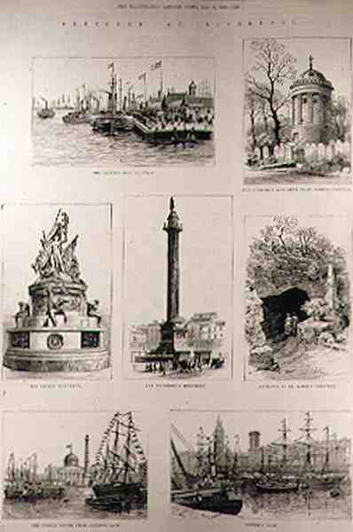 Szkice w Liverpoolu: The Princes Landing Stage; Pomnik Huskissona na cmentarzu św. Jakuba; Pomnik Nelsona; Pomnik Wellingtona; Wejście na cmentarz św. Jakuba; Urząd Celny z Ca autorstwa English School