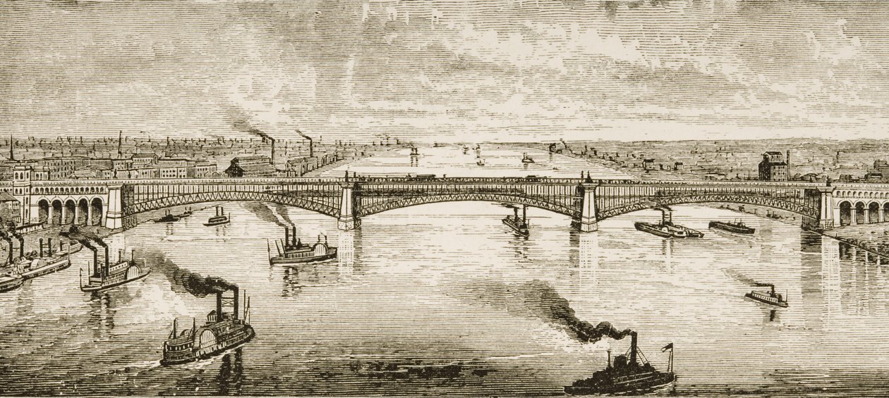 Steel Bridge Crossing the Mississippi River w St. Louis, ok. 1874, na podstawie „American Pictures”, wydanej przez The Religious Tract Society, 1876 autorstwa English School
