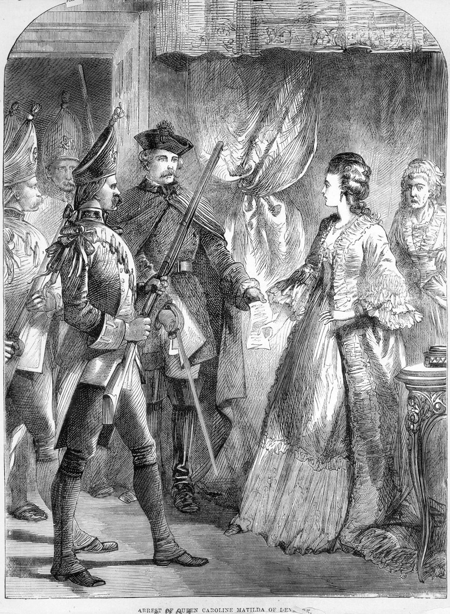 Aresztowanie Karoliny Matyldy, królowej Danii i Norwegii w 1772 r. (druk) autorstwa English School
