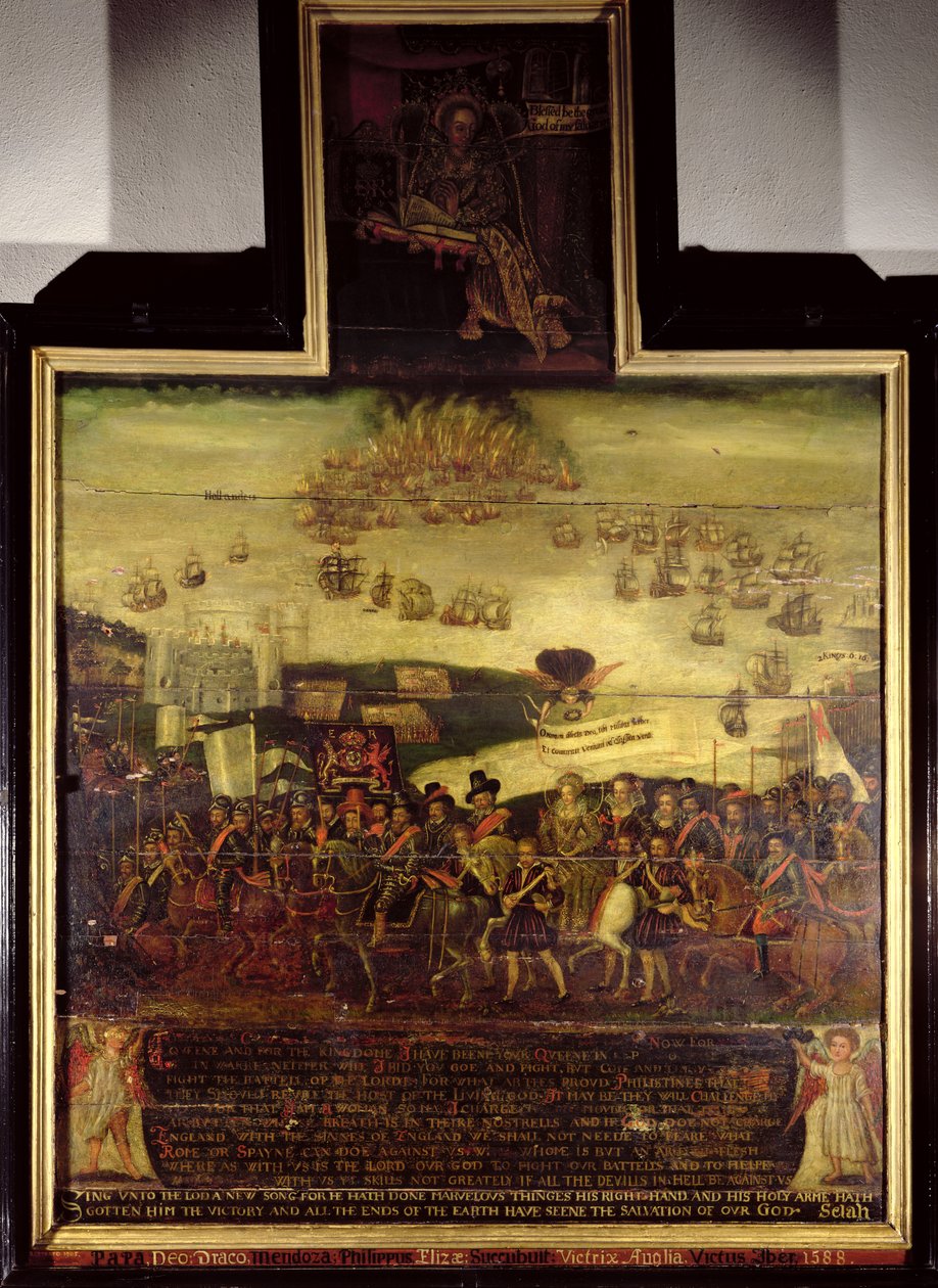 Przybycie królowej Elżbiety I (1530-1603) w Tilbury; i Klęska Hiszpańskiej Armady, lewy panel, Szkoła angielska (XVII w.) autorstwa English School