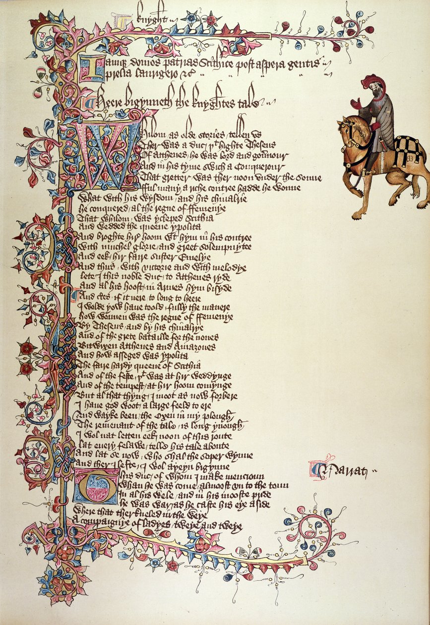 Rycerz, fragment z Opowieści kanterberyjskich, Geoffrey Chaucer (ok. 1342-1400) Rękopis Ellesmere, wydanie faksymilowe, 1911 (szczegóły oryginalne zob. 128937) autorstwa English School