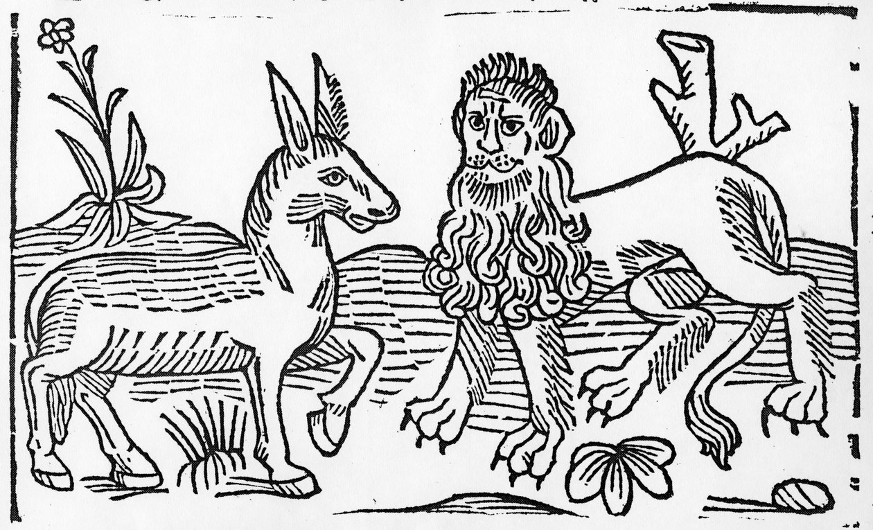 Lew i osioł, ilustracja z „Bajek Ezopa” Caxtona, 1484 autorstwa English School