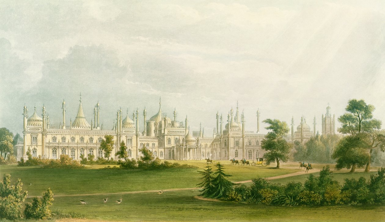 Front zachodni, z Views of the Royal Pavilion, Brighton autorstwa Johna Nasha (1752-1835), 1826 (akwatinta) autorstwa English School