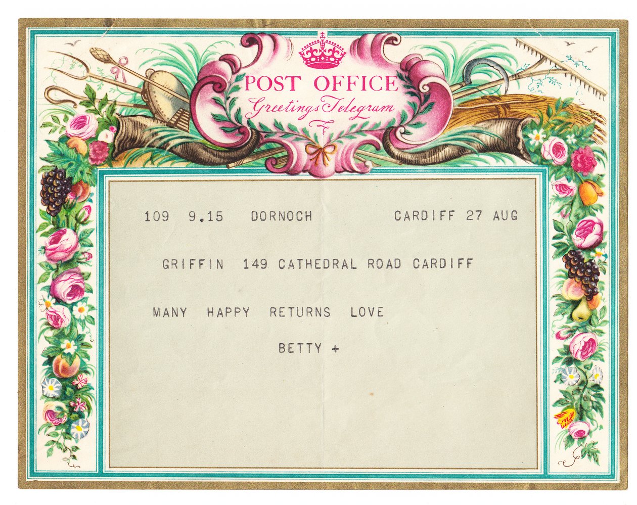 Telegram z życzeniami urodzinowymi, ok. 1950 (kolor lito) autorstwa English School