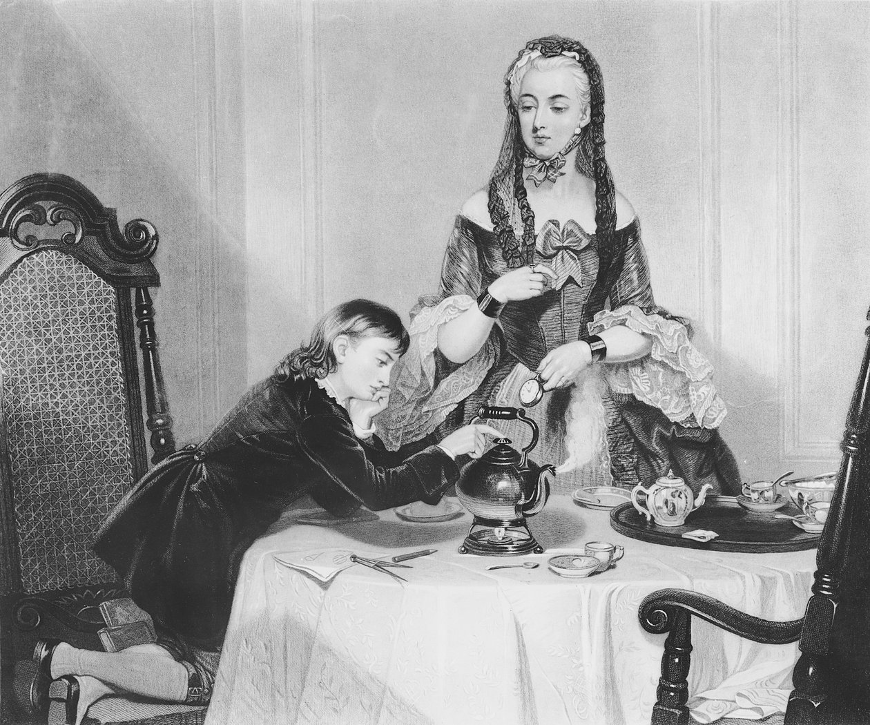 Pierwszy eksperyment parowy Jamesa Watta (1736-1819) autorstwa English School