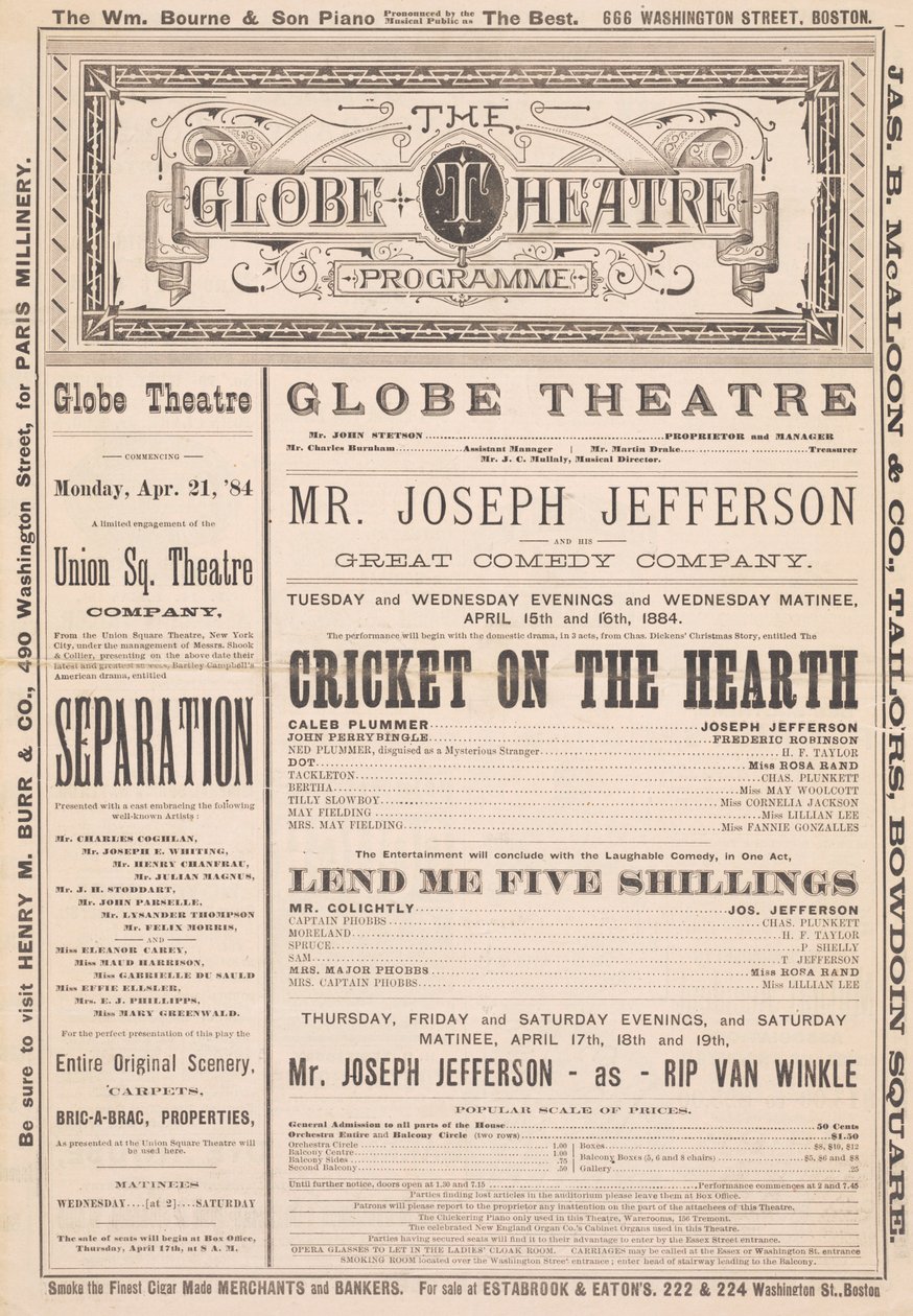 The Globe Theatre Program, 21 kwietnia 1884 autorstwa English School