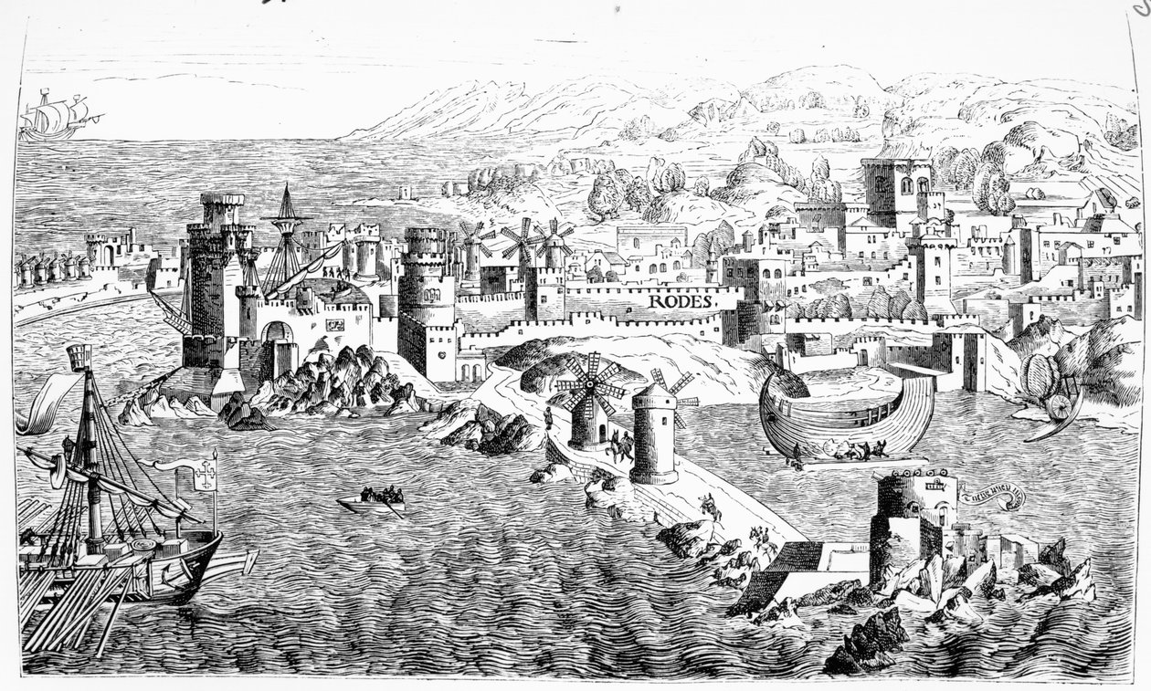 Mapa wyspy Rodos, reprodukowana w "Le Chevalerie et les Croisades" przez Paula Lacroix, 1886 r. autorstwa Erhard Reuwich