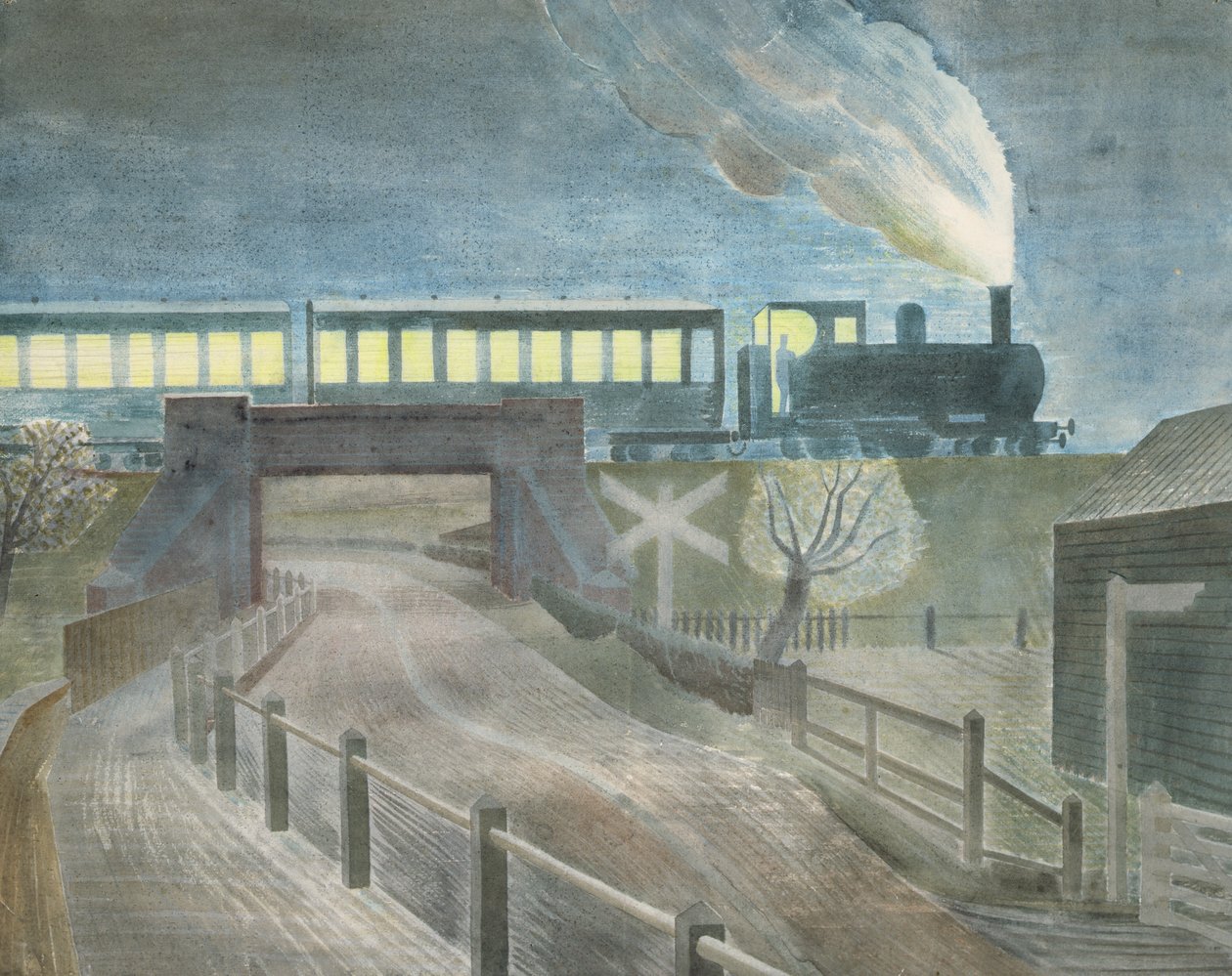 Pociąg przejeżdżający nocą przez most autorstwa Eric Ravilious