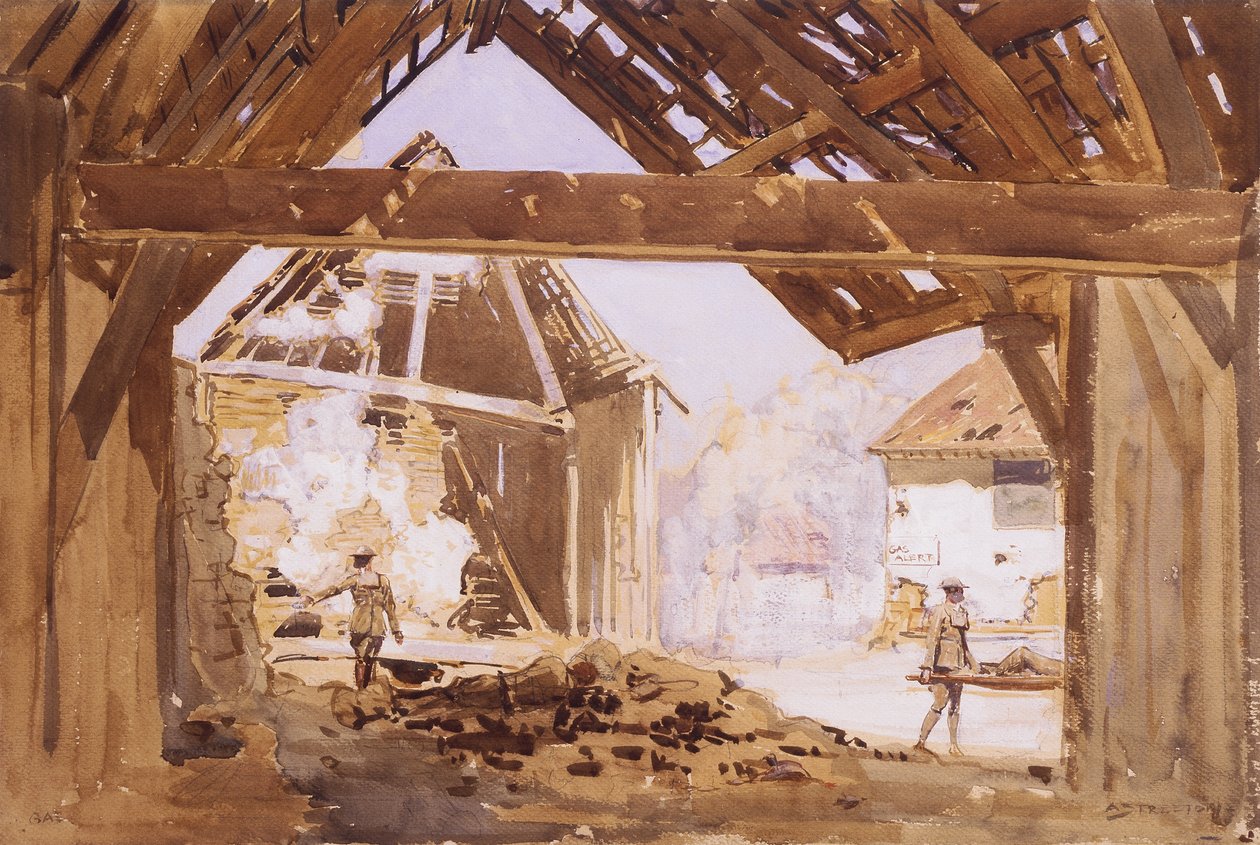 Alarm gazowy, 1919 (wc i gwasz z ołówkiem na papierze) autorstwa Arthur Streeton