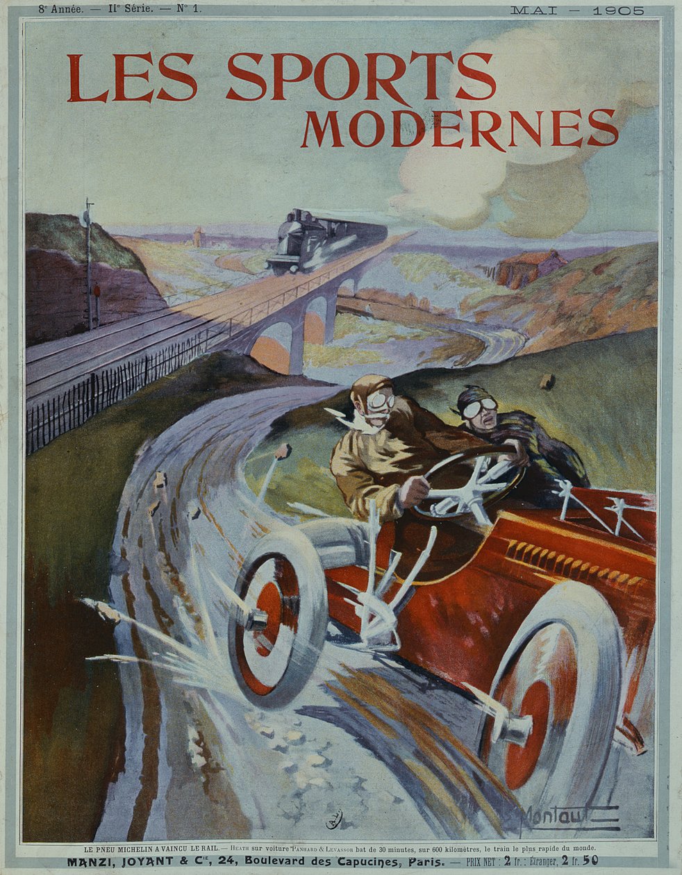 „Opony Michelin są szybsze niż szyna!”, okładka magazynu „Les Sports Modernes”, maj 1905 autorstwa Ernest Montaut