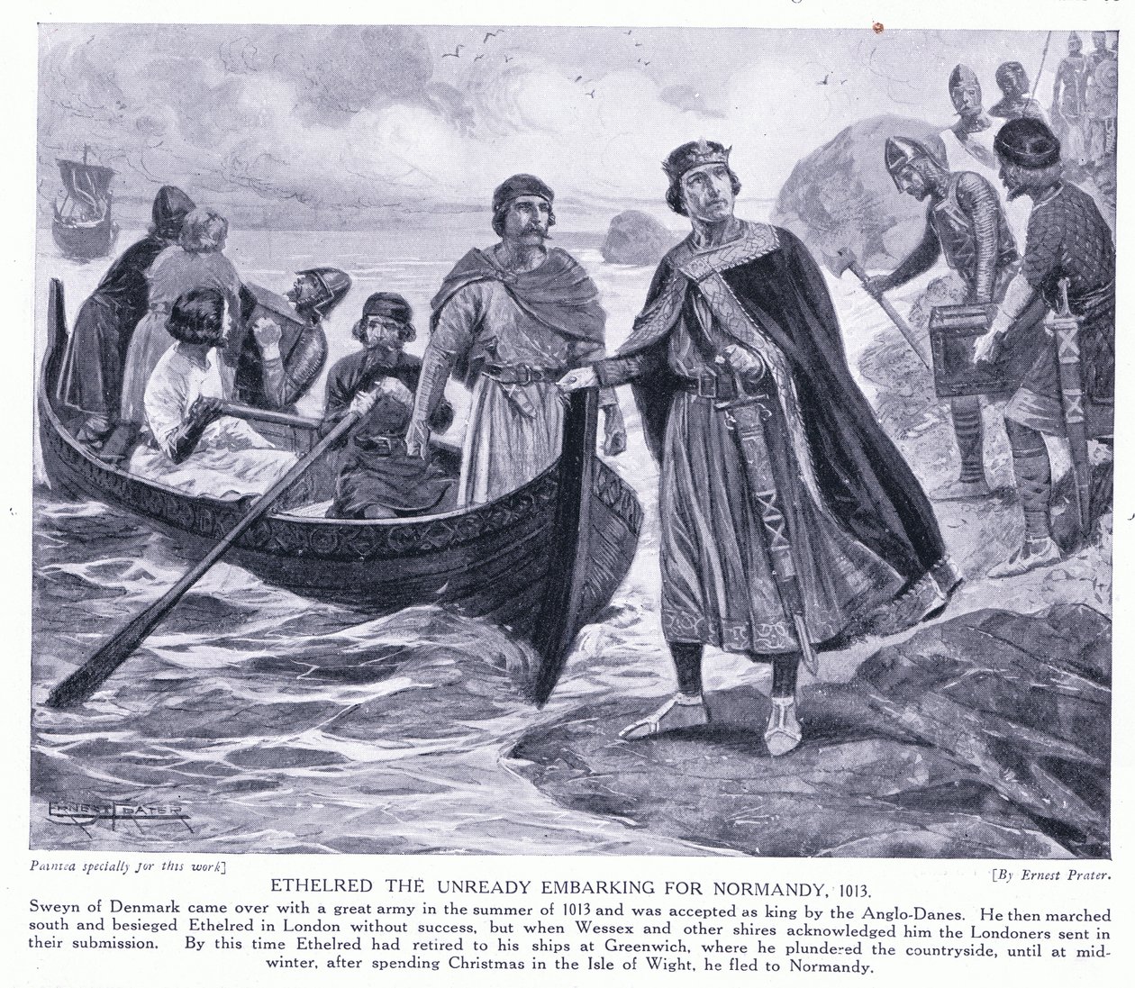 Ethelred the Unready wsiadający do Normandii AD1013, 1920 autorstwa Ernest Prater