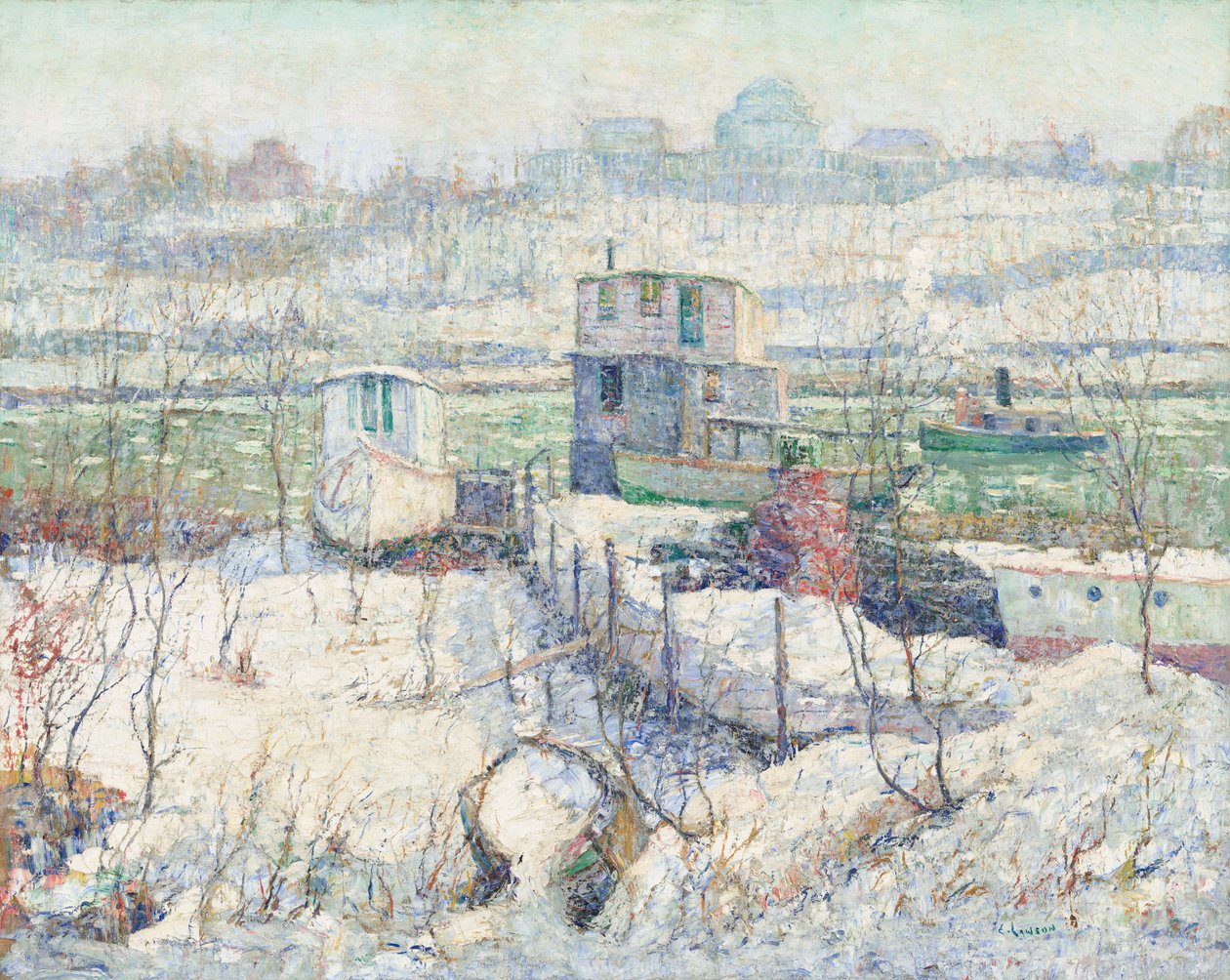 Przystań dla łodzi, zima, rzeka Harlem autorstwa Ernest Lawson