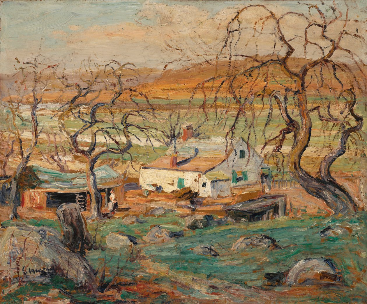 Pejzaż z sękatymi drzewami (olej na tekturze) autorstwa Ernest Lawson