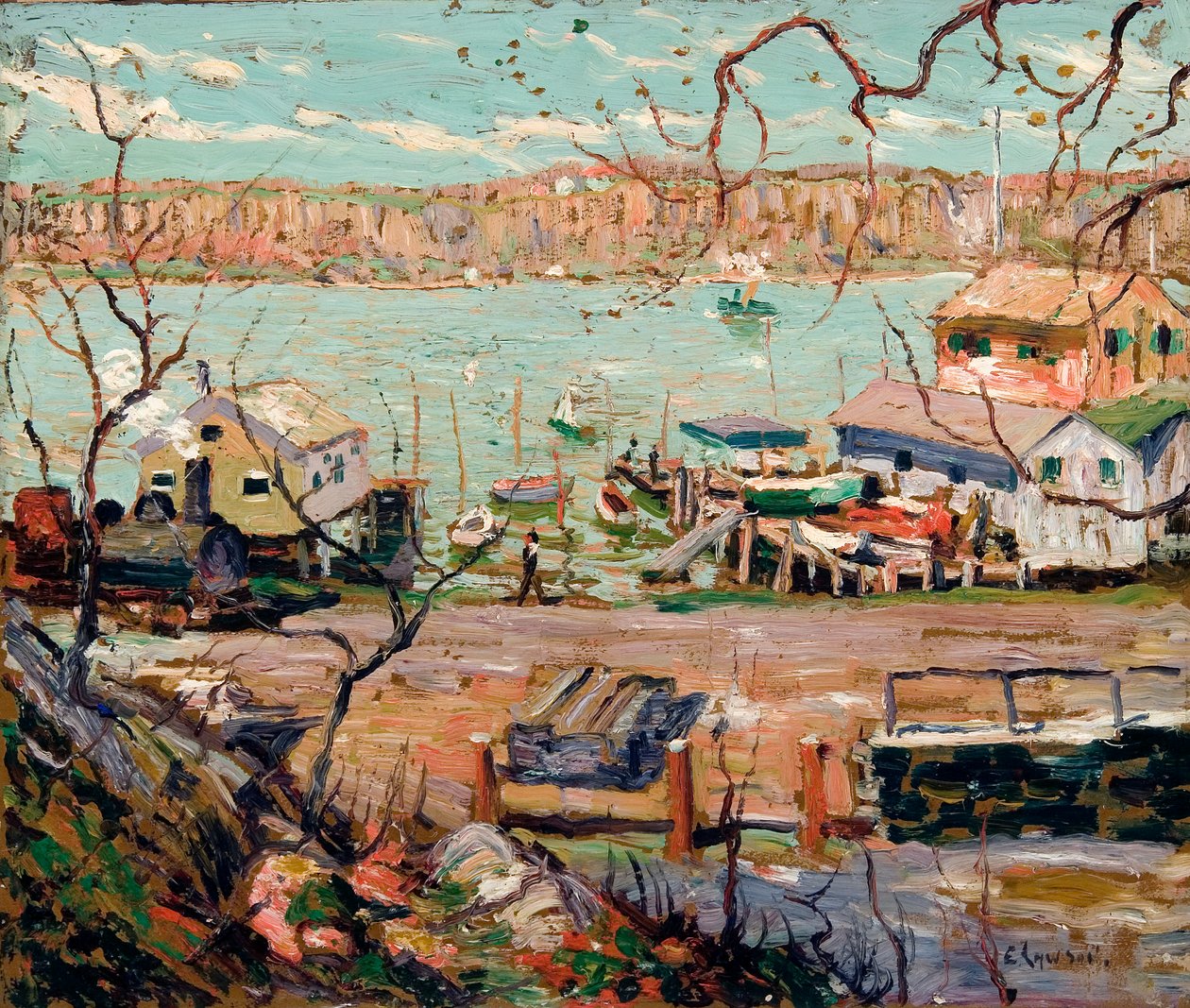 Scena rzeczna – łodzie i domy autorstwa Ernest Lawson